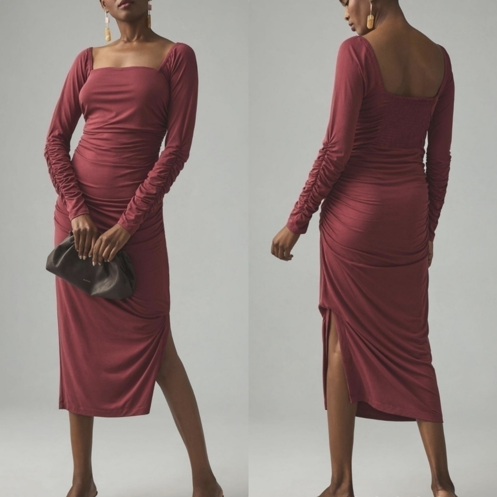 Anthropologie Wine Ruched Square Neck Mini Dress XL Petite NWT